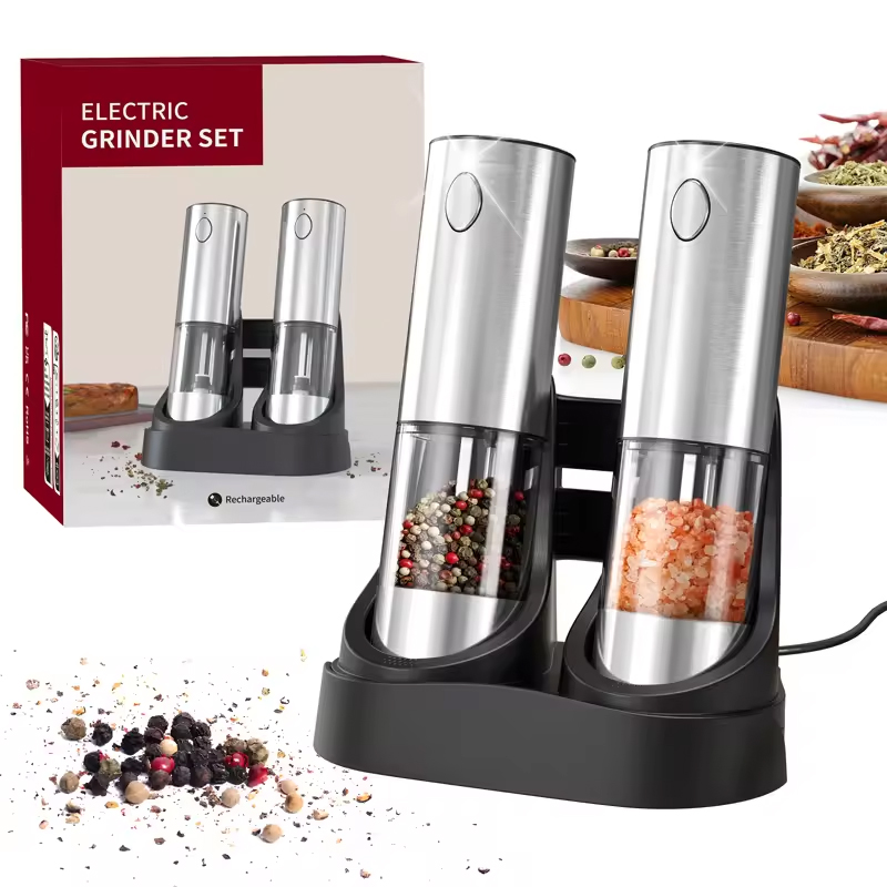 Kitchen Gadgets Electric - เครื่องบดเกลือและพริกไทยไฟฟ้า 1/2 ชิ้น พร้อมไฟ LED ระบบเซ็นเซอร์แรงโน้มถ่วง