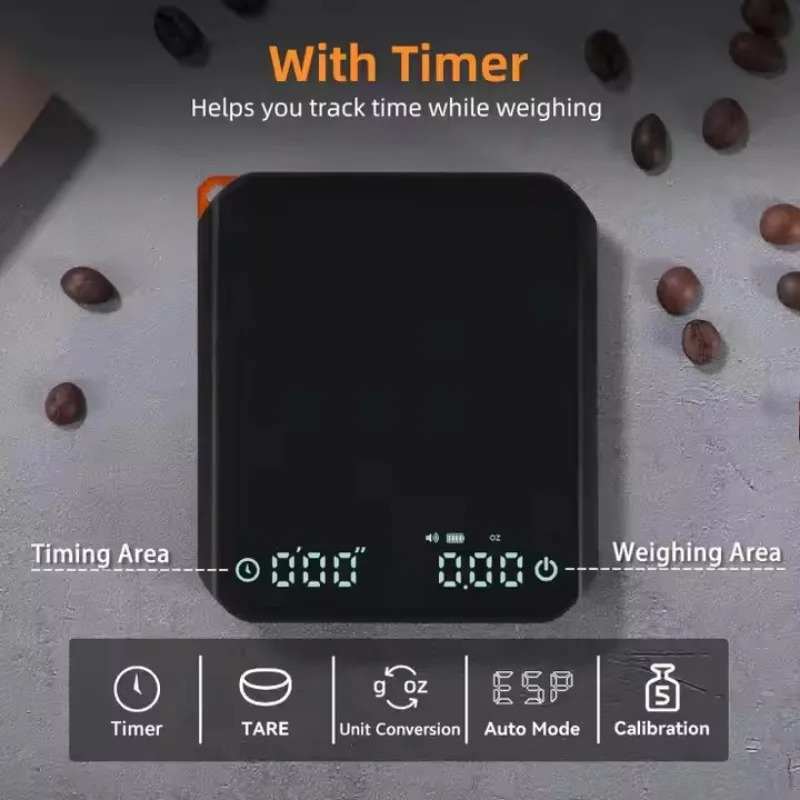Digital Kitchen Scale - เครื่องชั่งกาแฟคิทเช่นมินิพร้อมตัวจับเวลา 2 กก./0.1 ก. เครื่องชั่งที่แม่นยำ เครื่องชั่งดิจิตอลแบบชาร์จไฟได้สำหรับกาแฟเอสเปรสโซและกาแฟแบบดริป